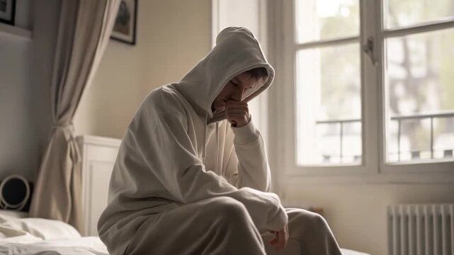Sad, depressed young man sitting alone in a room.
