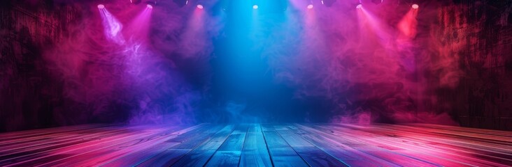 Empty Stage With Purple And Blue Spotlights And Wooden Floor For Product Presentation
