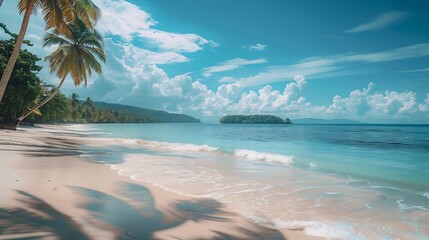 Fototapeta premium Summer beach landscape Tropical island paradise Exotic coast palm trees pristine sea blue happy sky Amazing nature pattern Exotic destination travel background vacation mood perfect wa : Generative AI