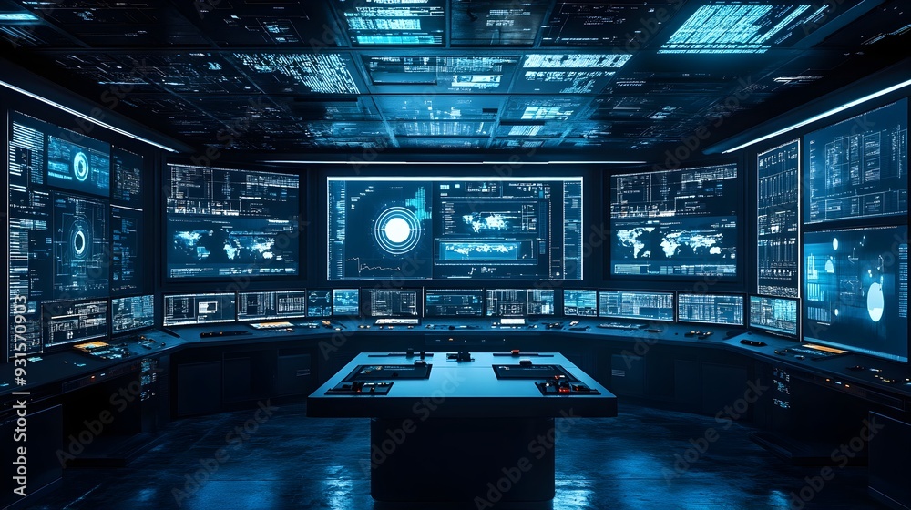 Poster digital twins monitoring control room for automated systems and machines multiple screens displaying