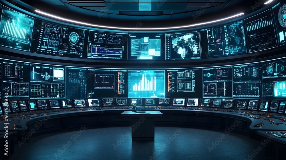 Poster smart control room with digital twins monitoring industrial systems and processes a high tech contro