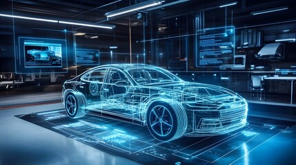 Automotive Digital Twin A detailed digital representation of a car being tested and analyzed within a virtual environment
