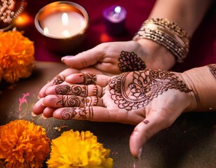 Close-up of hands applying colorful mehndi (henna) designs on a woman&rsquo;s palms, with Diwali