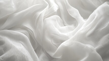 Fototapeta premium Detailed macro photograph of crumpled white fabric, emphasizing the fine details and delicate texture with soft, diffused lighting for a calming background.