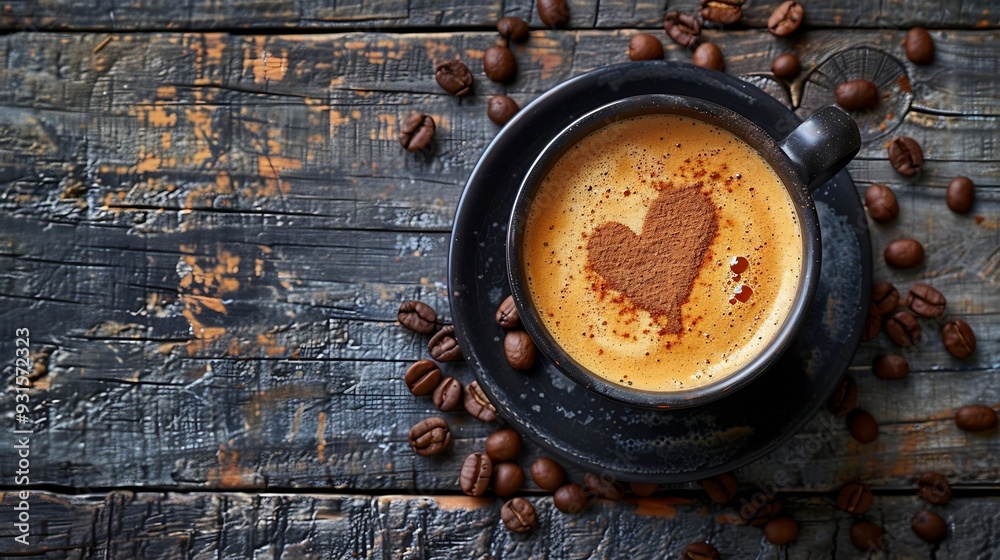 Poster cup of coffee latte with heart shape and coffee beans on old wooden background : generative ai