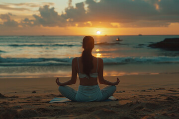 Fototapeta premium Back View of a Woman Practicing Yoga at Sunset on the Beach