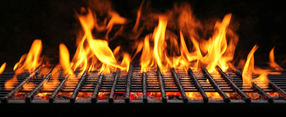 Flaming empty grill barbecue background banner with copy space, close-up