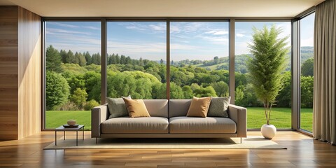 Fototapeta premium Modern interior with sofa and summer landscape view from window, modern, interior, sofa, summer, landscape, window