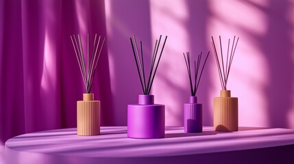 A row of vases with purple and brown colors are displayed on a table. The vases are arranged in a way that they are all facing the same direction, creating a sense of symmetry and balance