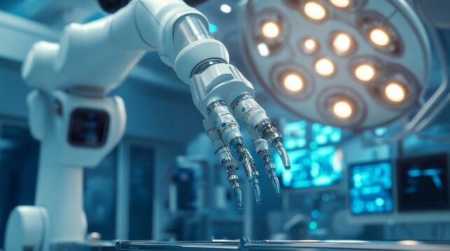 Robotic Surgery: A high-tech operating room where robotic arms perform precise surgery under the guidance of a human doctor.