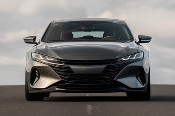 Front view of a generic and brandless model car vehicle, modern luxury new performance wheel fast automobile in road, background elegant auto 