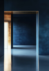 Minimalist dark blue interior background with a gold-framed arched wall, polished concrete floor, backlighting, shadow play, volumetric lighting