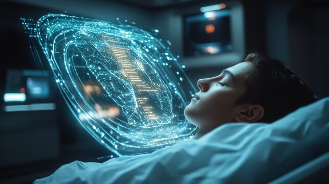 Futuristic Medical Scanner: A high-tech medical scanner hovering above a patient, displaying holographic health data in real-time.