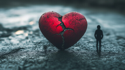 Fototapeta premium Broken big red heart with cracks and a silhouette of a person next to it.