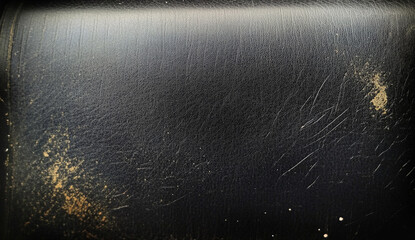 Closeup of a black leather surface with scratches and dirt.