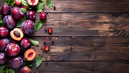 Naklejka premium Ripe plums on wooden background