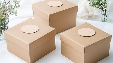 Kraft paper gift boxes adorned with round labels and twine are beautifully arranged with natural decorations, evoking a warm and festive holiday vibe.