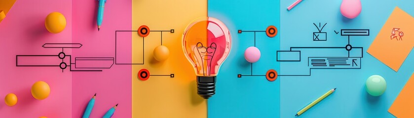 Design thinking flowchart, flat design, top view, ideas theme, 3D render, vivid color scheme