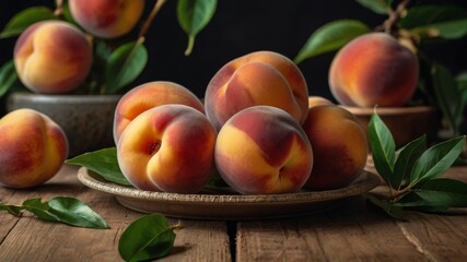 Many peaches on a wooden table, decorated with leaves and branches