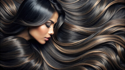 Beautiful hair. Beauty woman brunette with long shiny highlighted hair as background