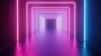 Fototapeta premium Empty corridor with pink and blue neon lights and a wet floor.