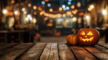 Glowing Halloween pumpkin on a wooden table with a spooky, dark background. Ideal for Halloween promotions, party invitations, or seasonal decorations