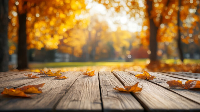 Wooden table with autumn leaves on a blurred golden background. Ideal for fall promotions, seasonal product displays, or nature-themed designs.