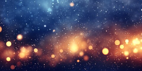 Fototapeta premium Festive bokeh lights in warm golden and cool blue tones on a dark background. Ideal for holiday greetings, party invitations, or seasonal promotions.
