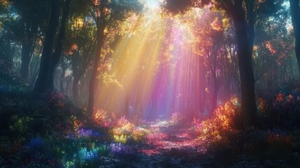 A mystical forest illuminated by sunlight filtering through vibrant foliage, creating an enchanting atmosphere and magical scenery.