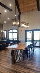 The striking yew wood dining table showcases a unique root-like base, serving as a centerpiece in a modern kitchen filled with natural light