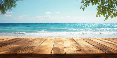 Wooden table on a bright beach with turquoise waters. Perfect for summer-themed designs, holiday promotions, or travel ads.