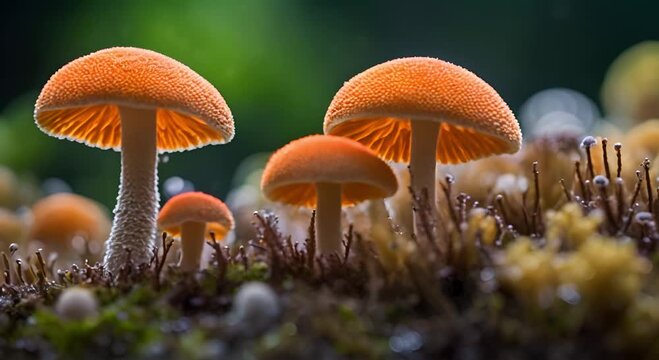 Closeup view of fungal spores, with intricate details and bright hues Perfect for educational, scientific, and medical publications, highlighting the complexity and diversity of fungal organisms