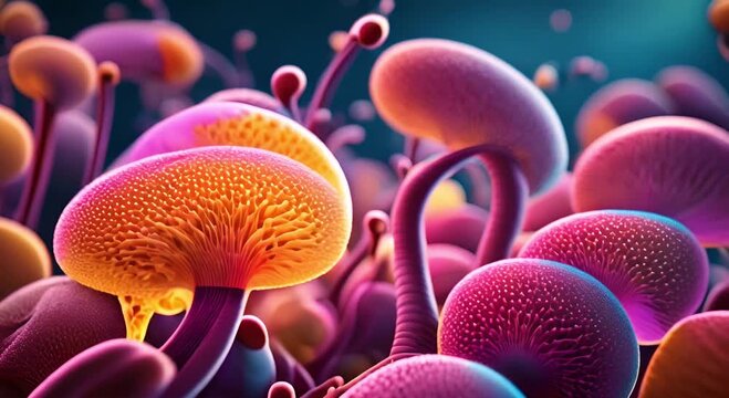 Closeup view of fungal spores, with intricate details and bright hues Perfect for educational, scientific, and medical publications, highlighting the complexity and diversity of fungal organisms