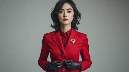 Portrait of a young woman with dark hair, wearing a red blazer, black leather gloves and a large jeweled pin, looking confidently at the camera.