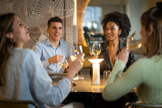 Diverse friends enjoying dinner and wine at upscale restaurant social gathering lifestyle