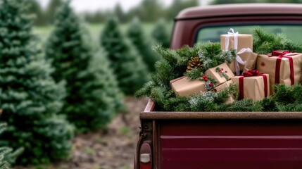 A burgundy truck adorned with decorations and gifts is parked in a holiday spirit at an outdoor Christmas tree farm surrounded by lit evergreen trees.