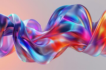 Fototapeta premium An abstract 3D shape resembling twisted ribbons, with holographic effects and a vibrant spectrum of colors.