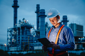 Night shift engineer oil and gas refinery service, male worker hard work in petroleum industry...