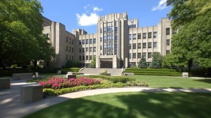 A modern office building features a beige plaster facade with square windows and balconies, reflecting minimalistic architecture against a clear blue sky