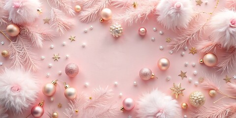 Fototapeta premium Pastel and fluffy pink festive background with delicate decorations, festive, pink, pastel, fluffy, background, delicate