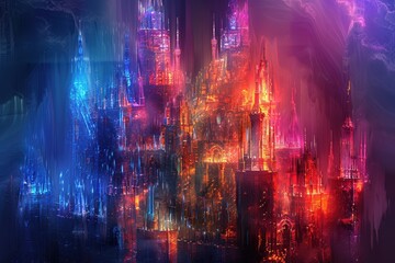 An abstract holographic castle, with towers and walls glowing in various hues.