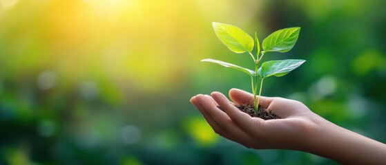 hand holding young plant on blur green nature background. concept eco earth day