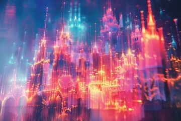 Fototapeta premium An abstract holographic castle, with towers and walls glowing in various hues.