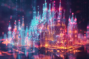 Fototapeta premium An abstract holographic castle, with towers and walls glowing in various hues.