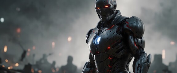 Naklejka premium Hyper realistic armored cybernetic soldier with red light core, Sci-fi and technology art