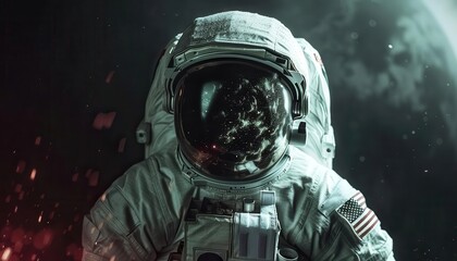 Astronaut spacewalk, vibrant scene, detailed equipment, dark background, high contrast