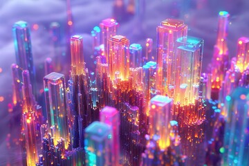 Obraz premium An abstract holographic castle, with towers and walls glowing in various hues.