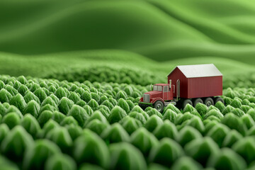 Obraz premium A miniature red truck travels through a lush green landscape, symbolizing adventure and exploration in nature.