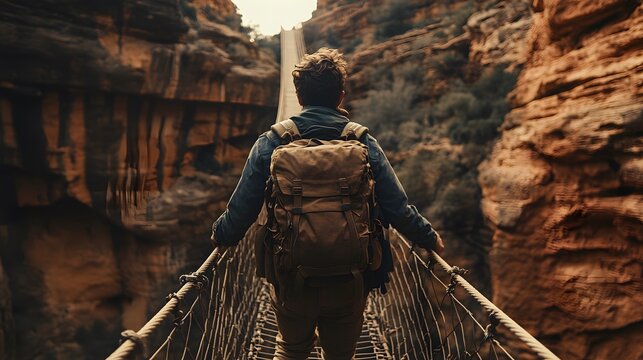 Fototapeta A backpacker crossing a narrow bridge over a deep canyon, rope bridge swaying, solid earth-toned background, intricate details in the backpack and bridge ropes, lighting is warm with dramatic