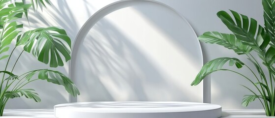 White, gray realistic round product pedestal podium 3D background with arch scene and green leaf. Minimal wall scene mockup product stage showcase, Promotion display